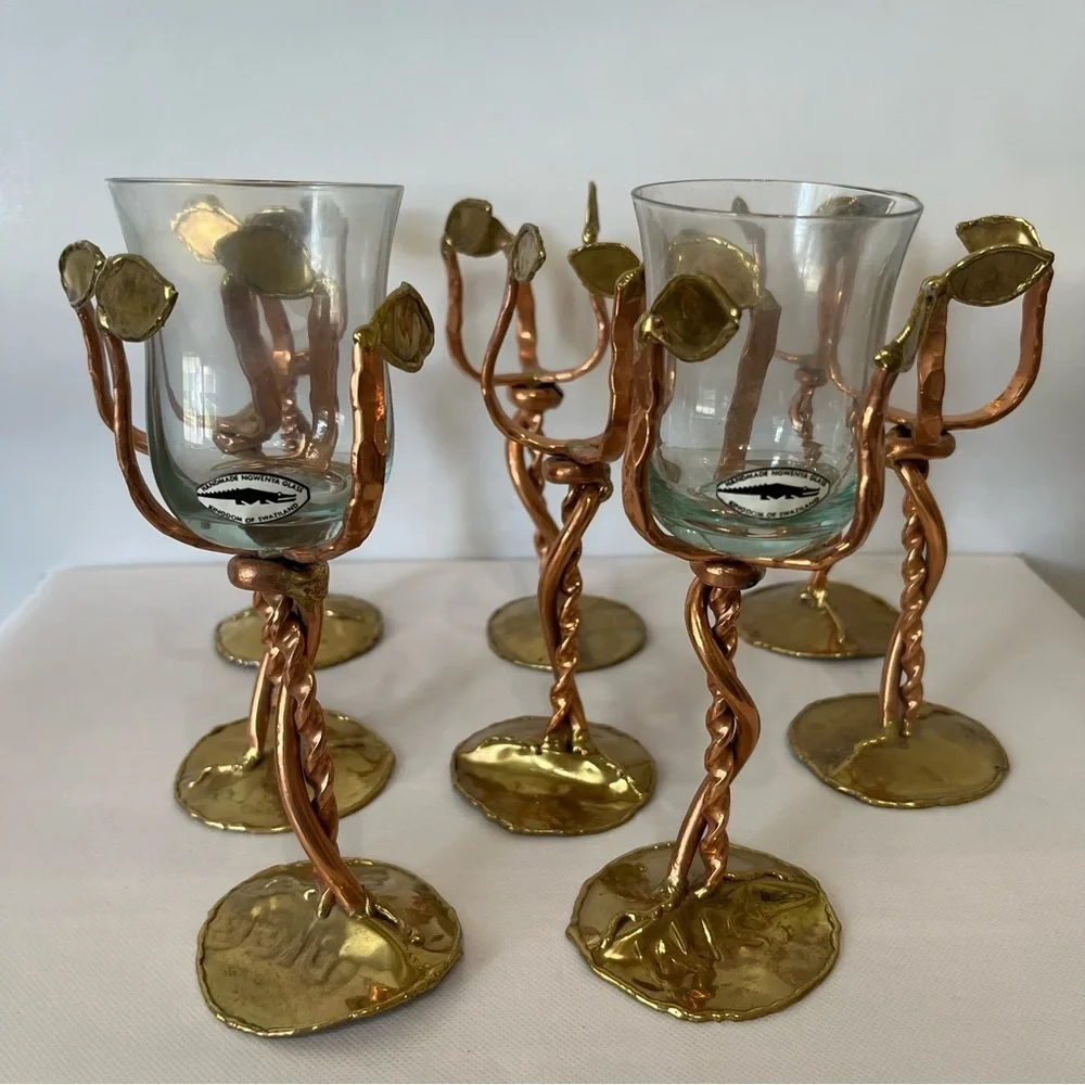 Handcrafted Copper & Brass Climbing Vine Leaves Goblet Set of 8